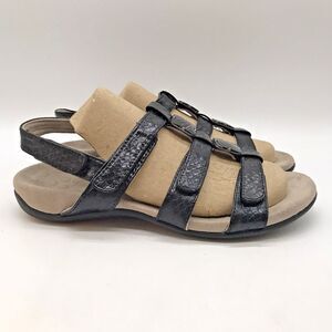 Vionic Amber Strappy Sandal Women's 7 Black Floral Faux Snakeskin Hook & Loop